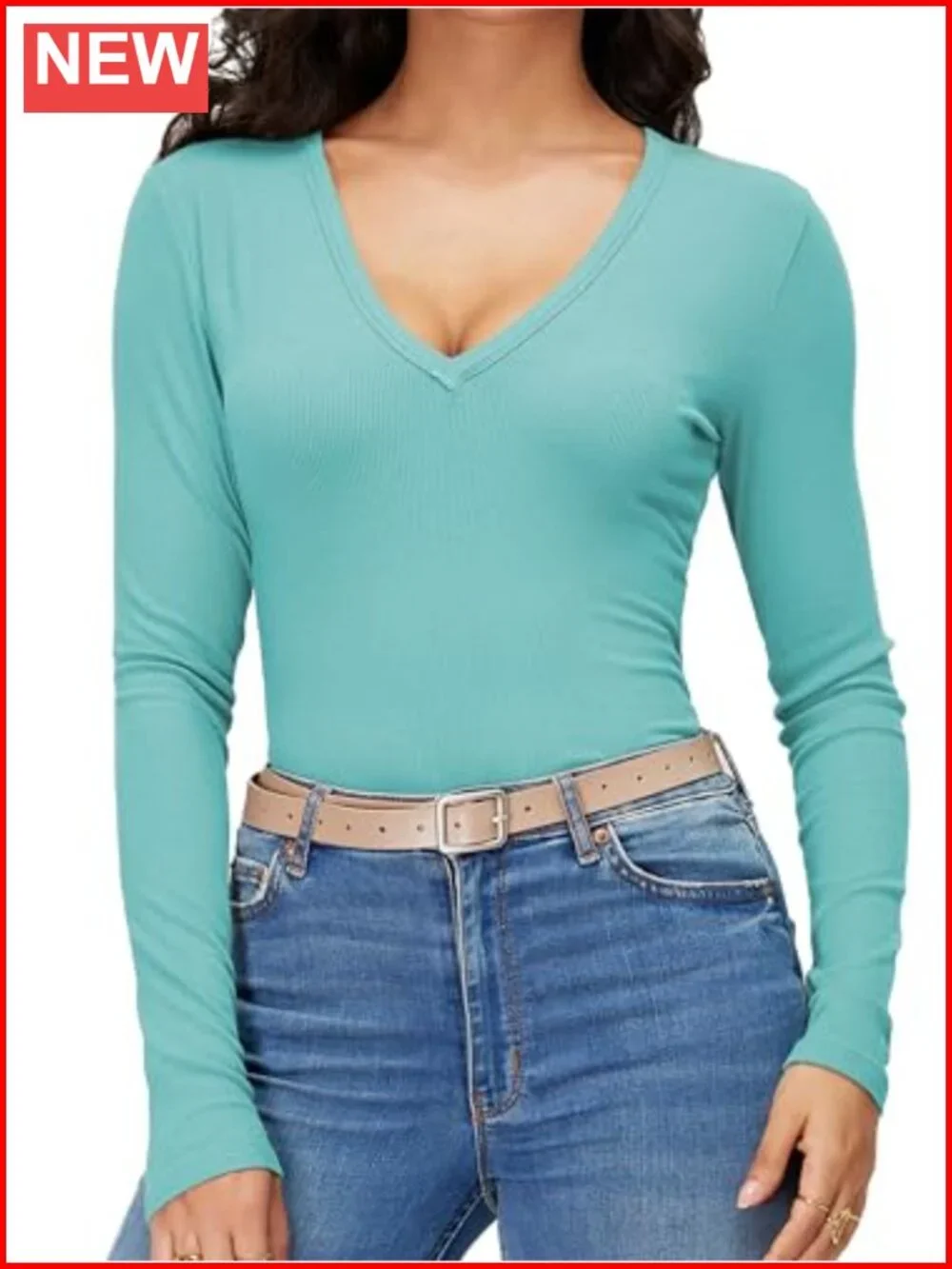 Women Long Sleeve V Neck Ribbed Knit Slim Fit Business Casual Work Top